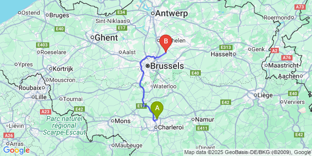 Map: Charleroi Airport Brussels South (CRL) to Kampenhout