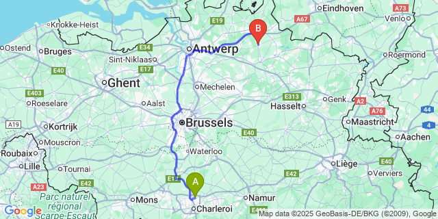 Map: Charleroi Airport Brussels South (CRL) to Kasterlee