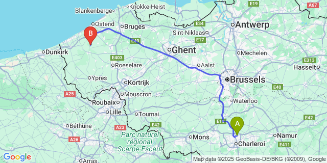 Map: Charleroi Airport Brussels South (CRL) to Keiem