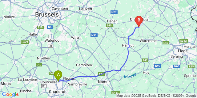 Map: Charleroi Airport Brussels South (CRL) to Kerkom-bij-Sint-Truiden