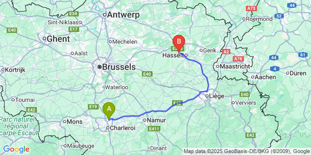 Map: Charleroi Airport Brussels South (CRL) to Kermt