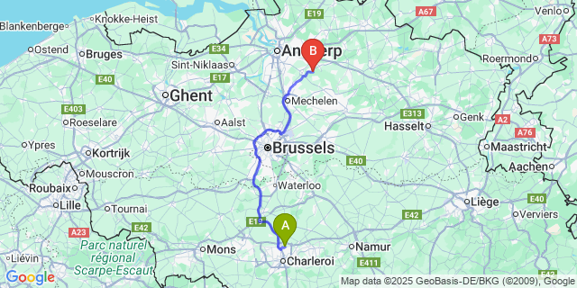 Map: Charleroi Airport Brussels South (CRL) to Kessel