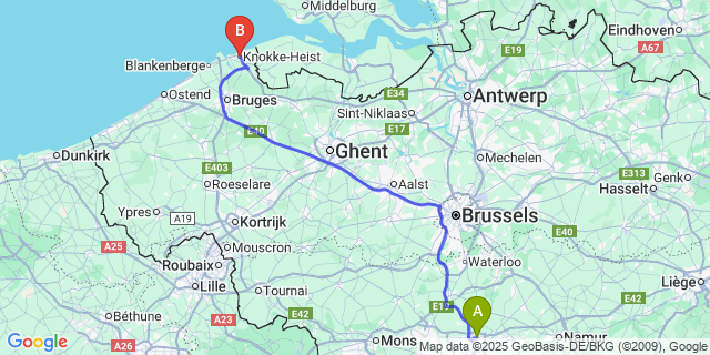 Map: Charleroi Airport Brussels South (CRL) to Knokke