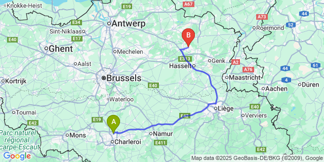 Map: Charleroi Airport Brussels South (CRL) to Koersel