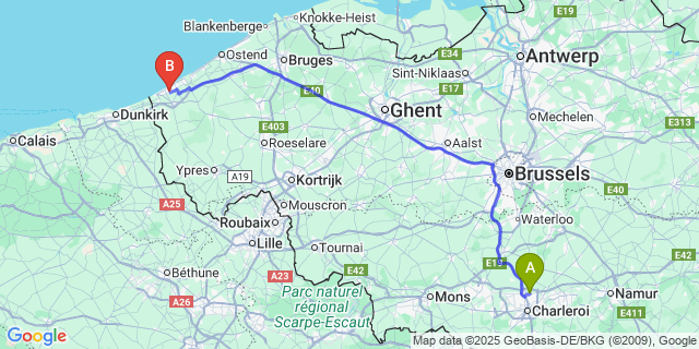 Map: Charleroi Airport Brussels South (CRL) to Koksijde