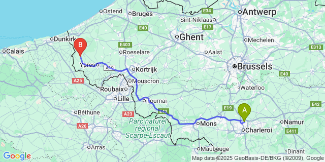 Map: Charleroi Airport Brussels South (CRL) to Krombeke