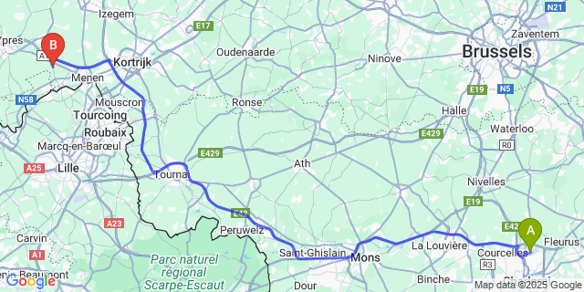 Map: Charleroi Airport Brussels South (CRL) to Kruiseke