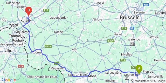Map: Charleroi Airport Brussels South (CRL) to Kuurne