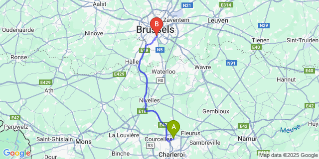 Map: Charleroi Airport Brussels South (CRL) to L-Avenue Brussels