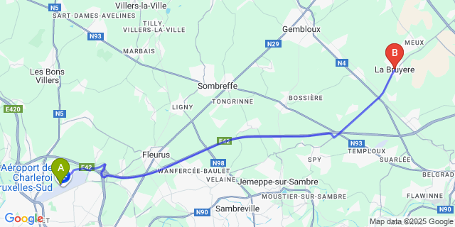 Map: Charleroi Airport Brussels South (CRL) to La Bruyère