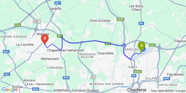 Map: Charleroi Airport Brussels South (CRL) to La Hestre