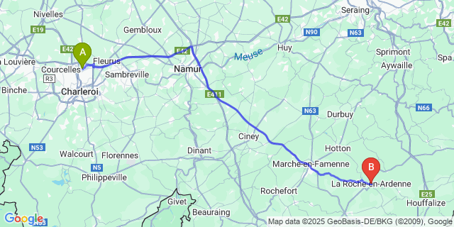 Map: Charleroi Airport Brussels South (CRL) to La Roche-en-Ardenne