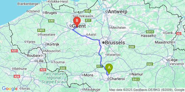 Map: Charleroi Airport Brussels South (CRL) to Laarne