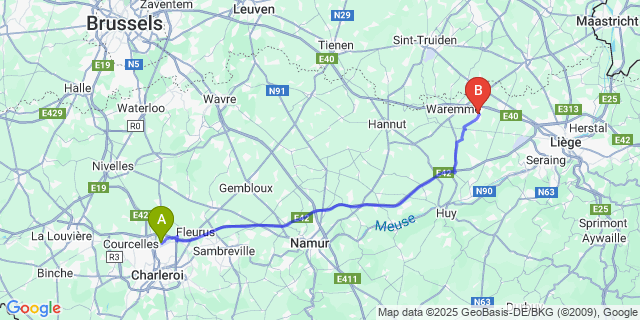 Map: Charleroi Airport Brussels South (CRL) to Lamine