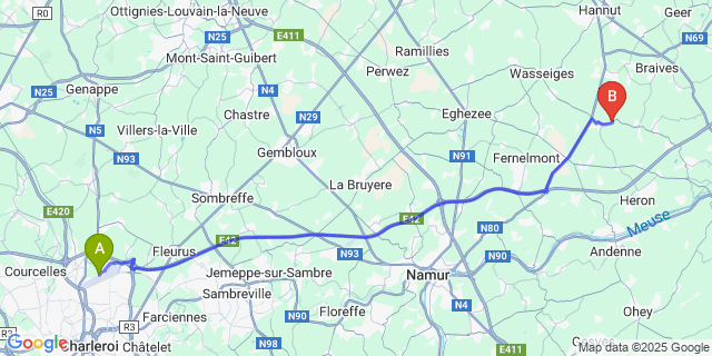Map: Charleroi Airport Brussels South (CRL) to Lamontzée