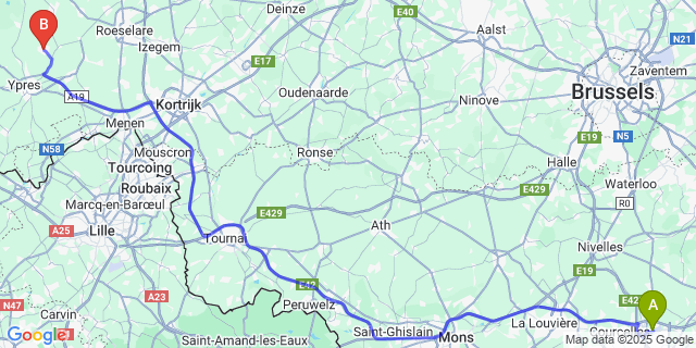 Map: Charleroi Airport Brussels South (CRL) to Langemark