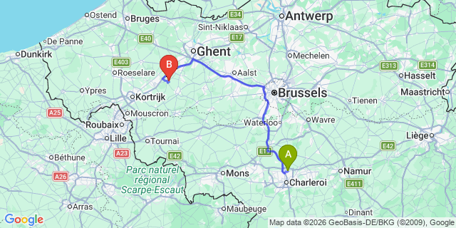 Map: Charleroi Airport Brussels South (CRL) to Le Cateau-Cambrésis
