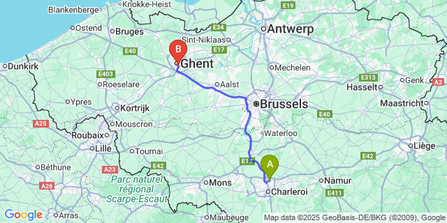 Map: Charleroi Airport Brussels South (CRL) to Ledeberg