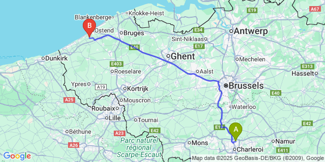 Map: Charleroi Airport Brussels South (CRL) to Leffinge
