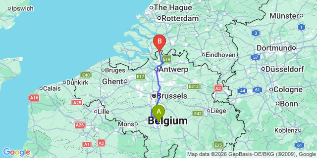 Map: Charleroi Airport Brussels South (CRL) to Leiden