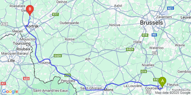 Map: Charleroi Airport Brussels South (CRL) to Lendelede