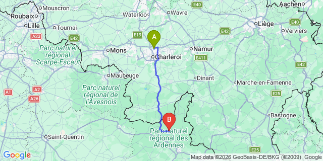 Map: Charleroi Airport Brussels South (CRL) to Les Mazures