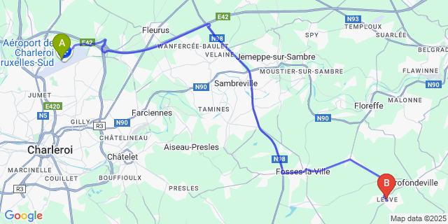 Map: Charleroi Airport Brussels South (CRL) to Lesve