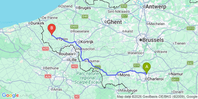 Map: Charleroi Airport Brussels South (CRL) to Liévin