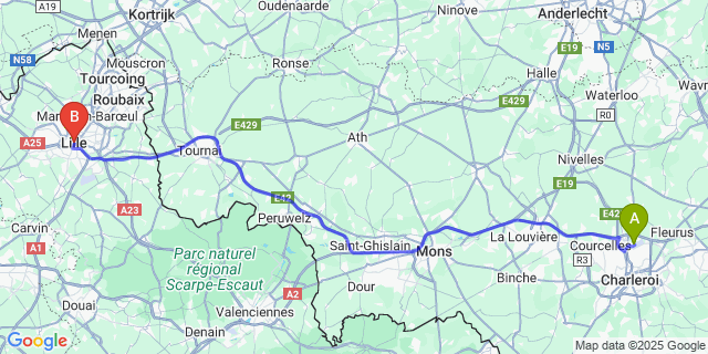 Map: Charleroi Airport Brussels South (CRL) to Lille (France)