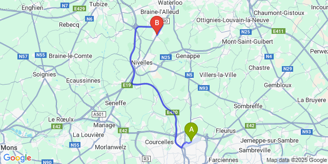 Map: Charleroi Airport Brussels South (CRL) to Lillois-Witterzee