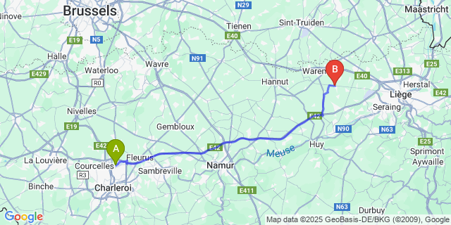 Map: Charleroi Airport Brussels South (CRL) to Limont