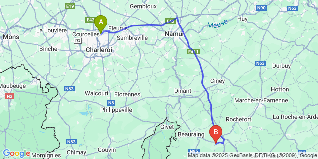 Map: Charleroi Airport Brussels South (CRL) to Lomprez
