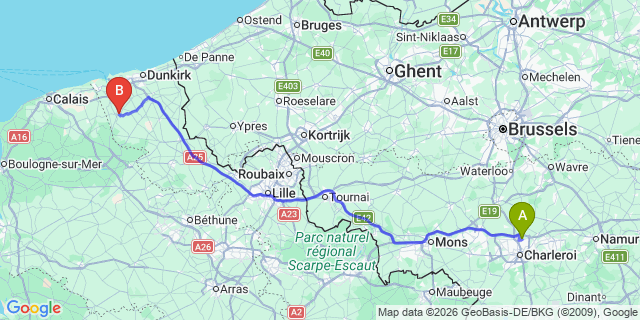 Map: Charleroi Airport Brussels South (CRL) to Longuenesse
