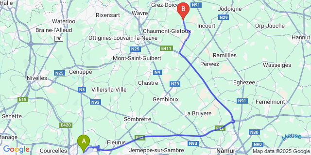 Map: Charleroi Airport Brussels South (CRL) to Longueville