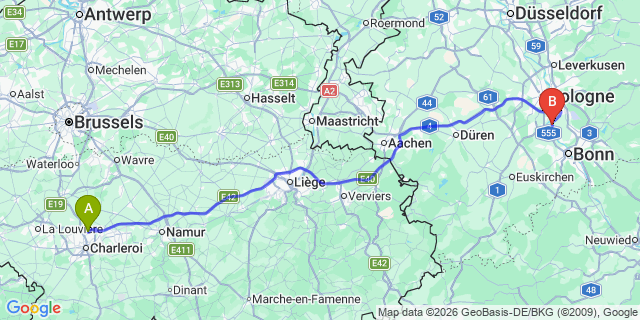 Map: Charleroi Airport Brussels South (CRL) to Losser