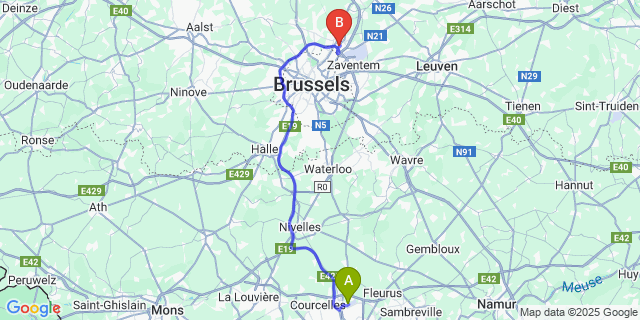 Map: Charleroi Airport Brussels South (CRL) to Machelen