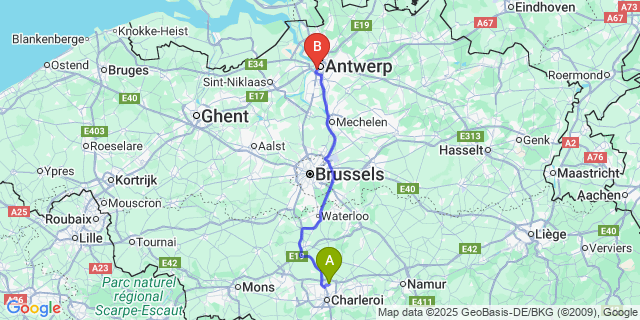 Map: Charleroi Airport Brussels South (CRL) to Madonna