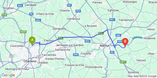 Map: Charleroi Airport Brussels South (CRL) to Maizeret