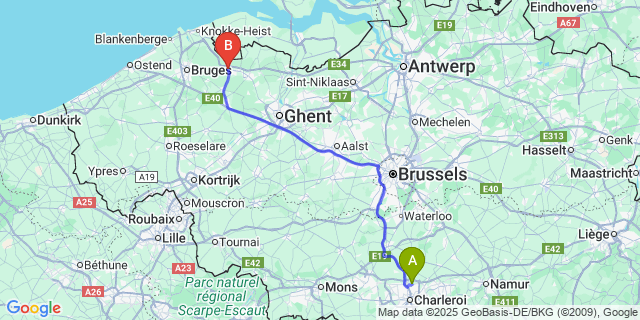 Map: Charleroi Airport Brussels South (CRL) to Maldegem