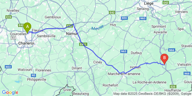 Map: Charleroi Airport Brussels South (CRL) to Malempré