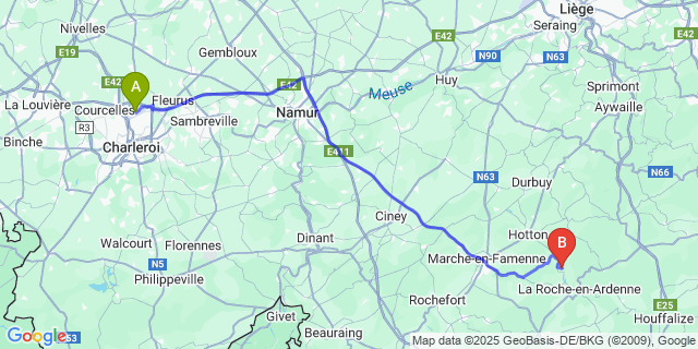 Map: Charleroi Airport Brussels South (CRL) to Marcourt