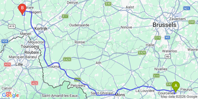 Map: Charleroi Airport Brussels South (CRL) to Marcq-en-Barœul
