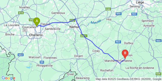 Map: Charleroi Airport Brussels South (CRL) to Marenne