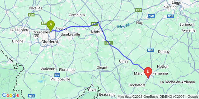 Map: Charleroi Airport Brussels South (CRL) to Marloie