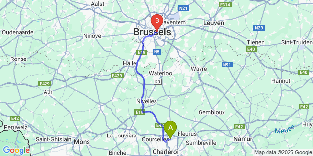 Map: Charleroi Airport Brussels South (CRL) to Martin’s Brussels EU