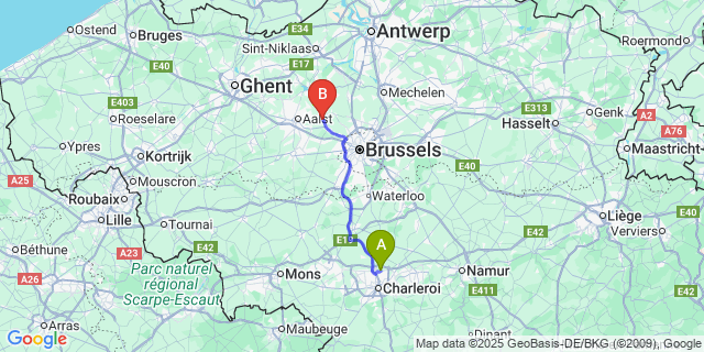 Map: Charleroi Airport Brussels South (CRL) to Mazenzele