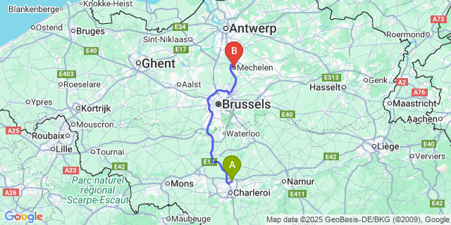 Map: Charleroi Airport Brussels South (CRL) to Mechelen