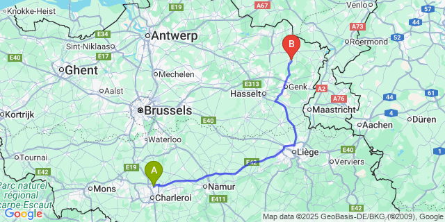 Map: Charleroi Airport Brussels South (CRL) to Meeuwen-Gruitrode