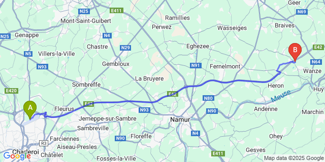 Map: Charleroi Airport Brussels South (CRL) to Mehaigne