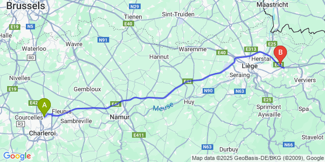Map: Charleroi Airport Brussels South (CRL) to Melen